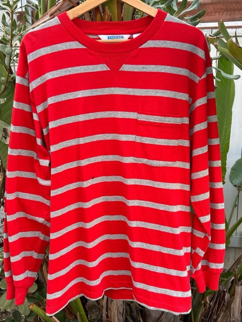 Vintage 90s Cheetah USA Striped Long Sleeve Pocket Shirt Red Gray M 20x28.5